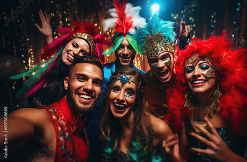 Young people in brightly colored carnival costumes at the party take selfie.