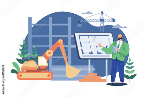 Real estate developer checking work of building