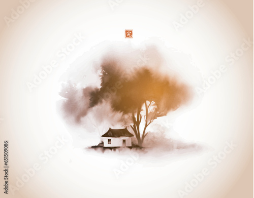 Ink painting of a small house beneath large trees on rice paper background. Traditional oriental ink painting sumi-e, u-sin, go-hua in vintage style. Translation of hieroglyph - perfection