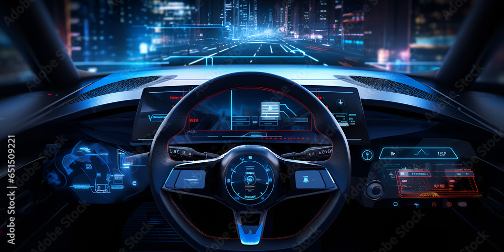 The Interior Of An Electric Car With a Blue Led Lighting Background Electric Car Interior Illuminated with Blue LEDs A Stunning View Electric Car Interiors with Blue LED Elegance AI Generative 