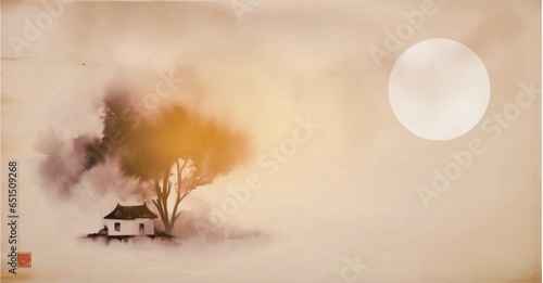 Ink painting of big sun and small house beneath large trees on vintage background. Traditional oriental ink painting sumi-e, u-sin, go-hua. Translation of hieroglyph - perfection
