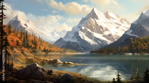 Beautiful mountain peak landscape with lake.AI generated image © is