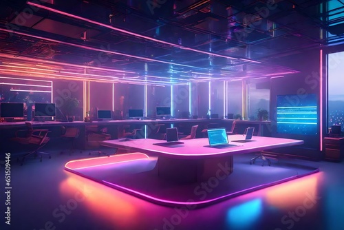Create a captivating 3D-rendered illustration of a futuristic workspace with a cutting-edge digital display. Showcase radiant, sparkling particles emanating from the screen, adding a sense of magic an