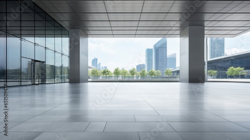 Beautiful modern office interior with panoramic windows. AI generated