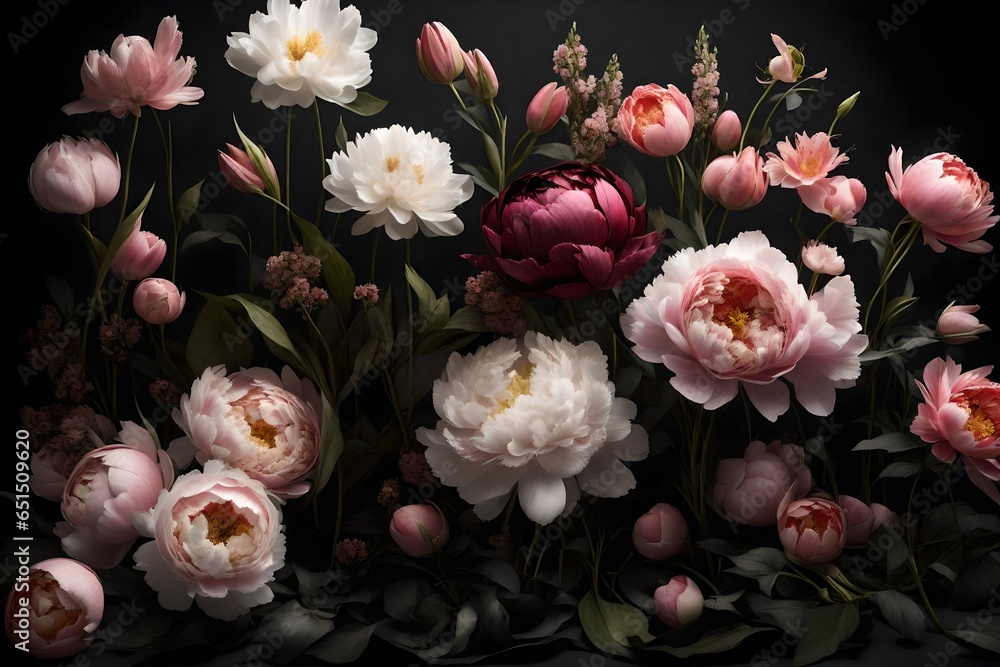 Generate an opulent 3D-rendered illustration of vintage flowers including peonies, tulips, lilies, and hydrangeas, arranged in a lush, baroque-style composition. Showcase these exquisite blooms on a d