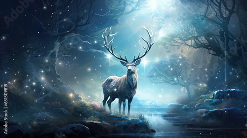 Canvas Print Majestic stag in a moonlit glade; antlers tangled in starry constellations