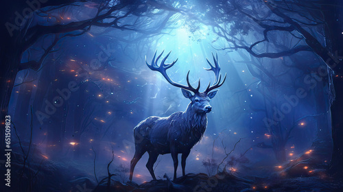 Majestic stag in a moonlit glade  antlers tangled in starry constellations.  AI generative © SK