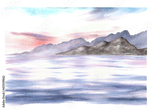 Nautical watercolor landscape. Adriatic seascape, sunset sky, mountain silhouettes, reflection. Hand drawn illustration isolated on a white background. For postcards, printing, poster, photo wallpaper