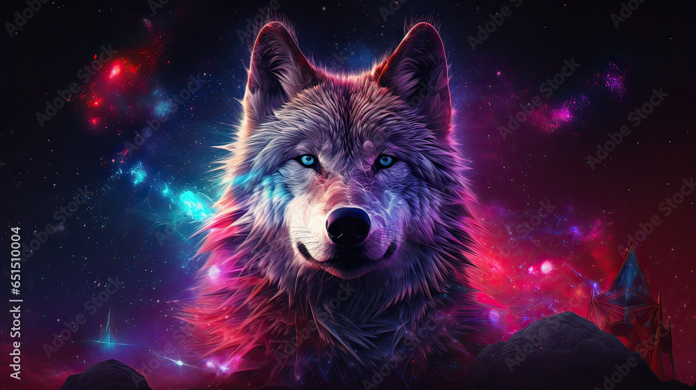 Majestic wolf with an ethereal neon outline set against a starry backdrop. AI generative Majestic wolf with an ethereal neon outline set against a starry backdrop. AI generative