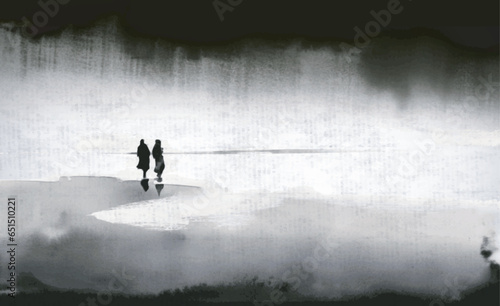 Ink painting of two people standing of the sea shoreline on rice paper background. Traditional oriental ink painting sumi-e, u-sin, go-hua. photo