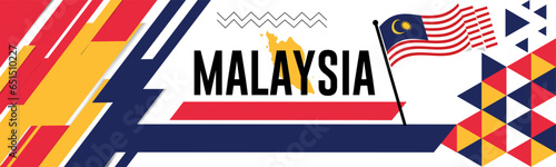 Malaysia national day banner with map, flag colors theme background and geometric abstract retro modern colorfull design with raised hands or fists.