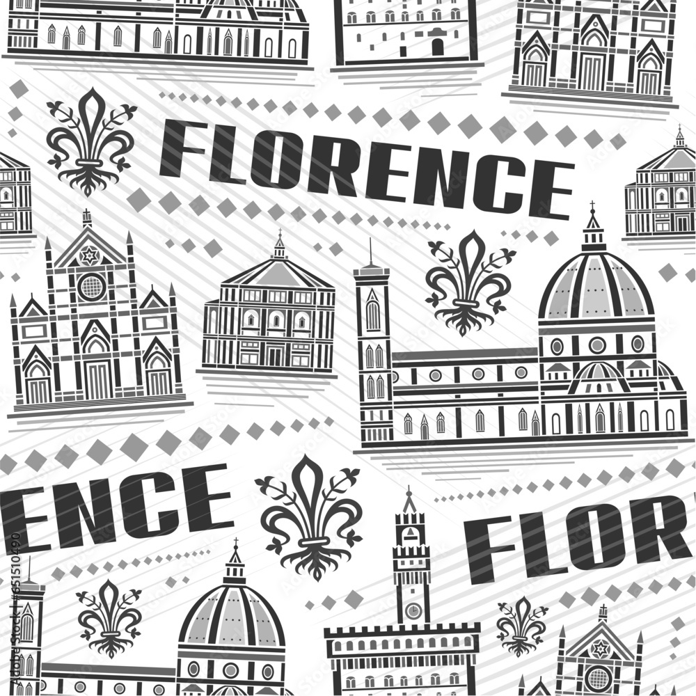 Vector Florence Seamless Pattern, repeat background with illustration of famous european florence city scape on white background, monochrome line art urban historical poster with black text florence