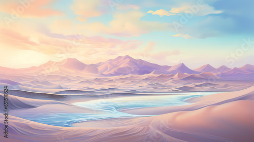 Otherworldly desert; sand dunes shifting into waves under a pastel sky. AI generative