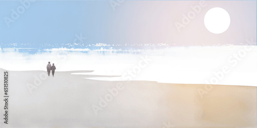 Dreamy landscape with two people standing of the sandy sea shore. Traditional Japanese ink wash painting sumi-e