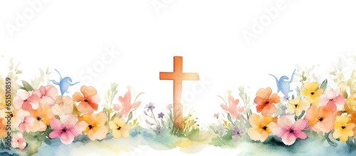 Christian cross clipart with watercolor Easter theme border and banner