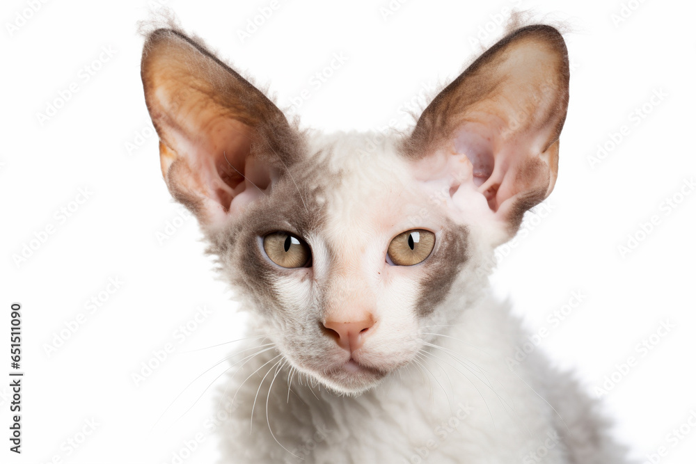 Portrait of Cornish Rex cat, a hairless breed with only down hair