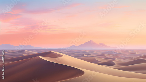 Otherworldly desert  sand dunes shifting into waves under a pastel sky. AI generative