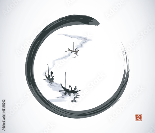 Ink painting of fishing boats in minimalist style in black enso zen circle. Traditional oriental ink painting sumi-e, u-sin, go-hua. Translation of hieroglyph - perfection