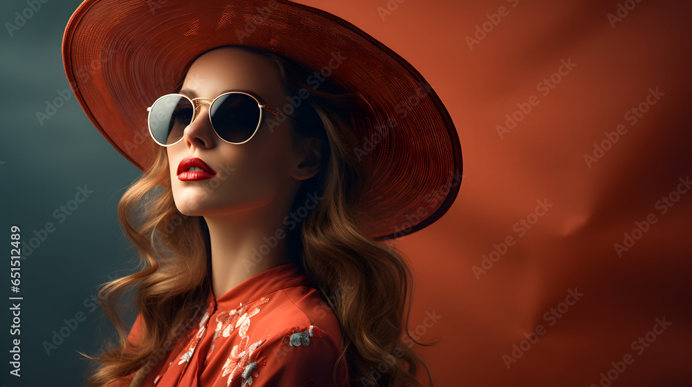 A woman wearing sunglass and a hat on a red background, a fashion model wears a red hat and sunglasses A woman wearing sunglass and a hat on a red background, a fashion model wears a red hat and sunglasses