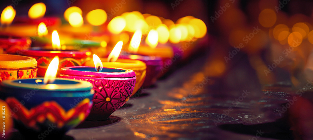 Happy Diwali flyer background with copy space, Deepavali celebration with oil lamps and candles - obrazy, fototapety, plakaty 
