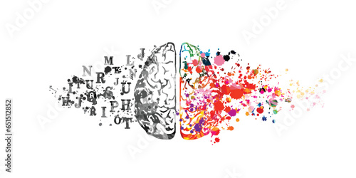 Colorful human brain with letter symbols vector background. Creative thinking, brainstorming, ideas, communication, education and learning. Mental health concept and psychotherapy
