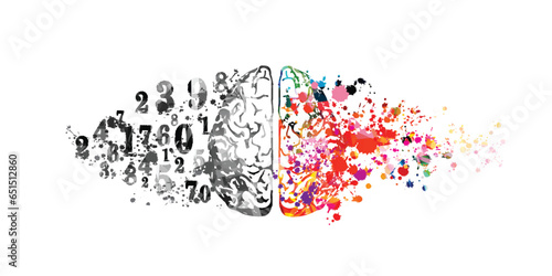 Colorful human brain with numbers isolated vector background. Numerical operations, calculations, brainstorming, and arithmetic in cortex. Education and learning concept