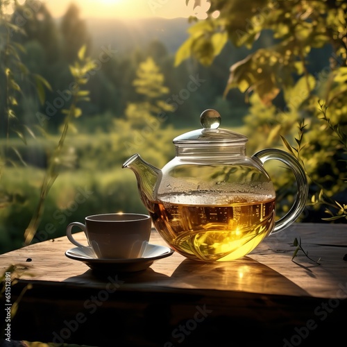 Glass teapot in a friendly and harmonious atmosphere against the backdrop of a beautiful landscape