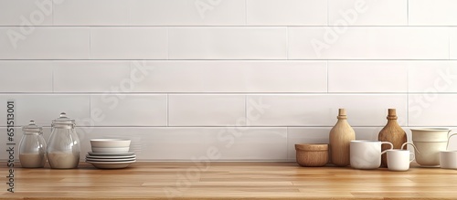 Morning sunlight illuminates a stylish kitchen counter with beautiful kitchenware ceramic wall tiles and empty space for a