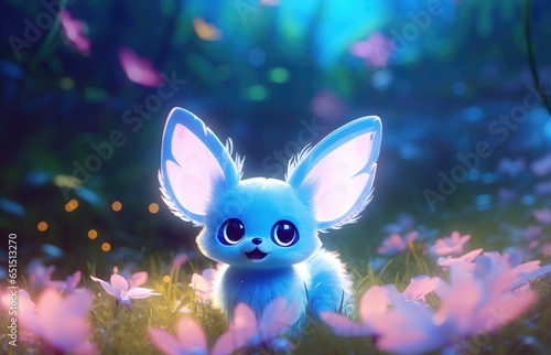 Incredibly cute bunny baby rabbit with large ears, glowing fluffy blue fur, adorable big sparkling eyes and friendliest face in the forest. Very playful and inquisitive in the flower field meadow.  