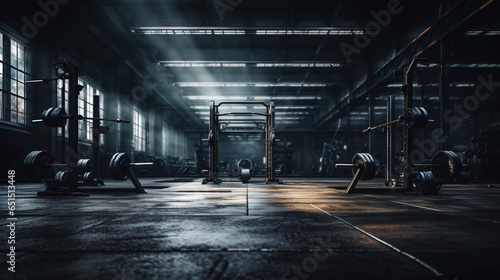 Gym background Fitness weight equipment on empty dark gym