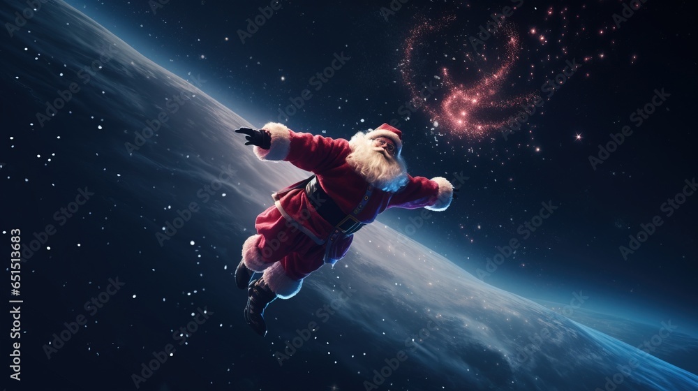 Christmas Santa Claus in new year flies in space, background of planet. AI generated.