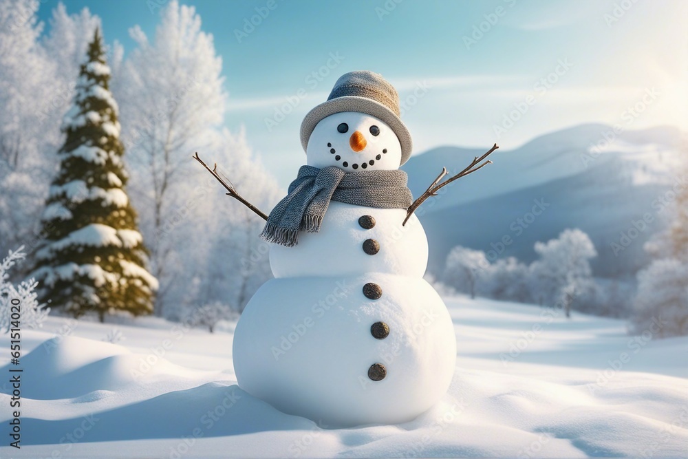 Snowman in stylish hat and Scalf on snowy field. Merry Christmas and happy New Year theme and Blue  sky on background