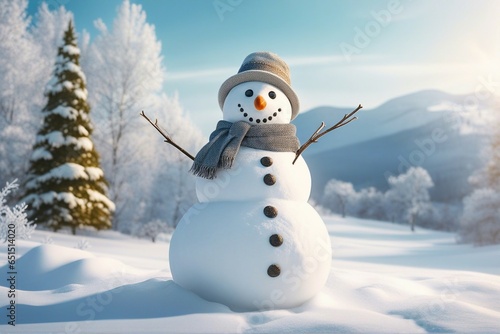 Snowman in stylish hat and Scalf on snowy field. Merry Christmas and happy New Year theme and Blue  sky on background © Creatively
