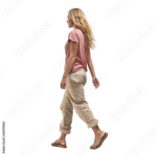 portrait of a young woman walking, back view, transparent, isolated on white