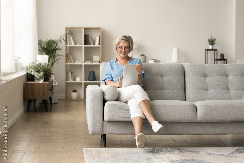 Happy pretty elderly mature woman using tablet computer in modern Scandinavian new home interior, sitting on cozy comfortable couch, enjoying domestic Internet technology, leisure Happy pretty elderly mature woman using tablet computer in modern Scandinavian new home interior, sitting on cozy comfortable couch, enjoying domestic Internet technology, leisure