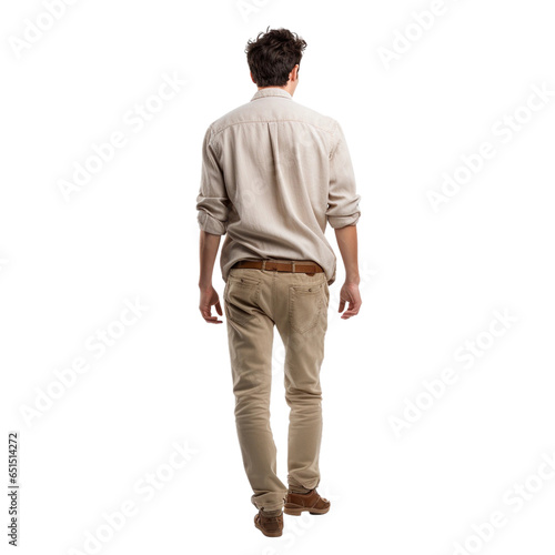 portrait of a young man walking, back view, transparent, isolated on white photo