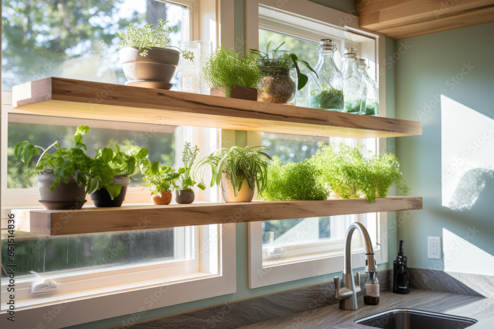 Sustainable/ Eco-friendly Design: A modern kitchen showcasing cabinets made from repurposed wood, countertops of recycled glass, and energy-efficient appliances. A herb garden grows on the window sill - obrazy, fototapety, plakaty 