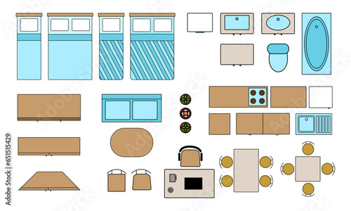 Set of icons furniture and equipment for drawing up an apartment plan, floor plan in top, birds view