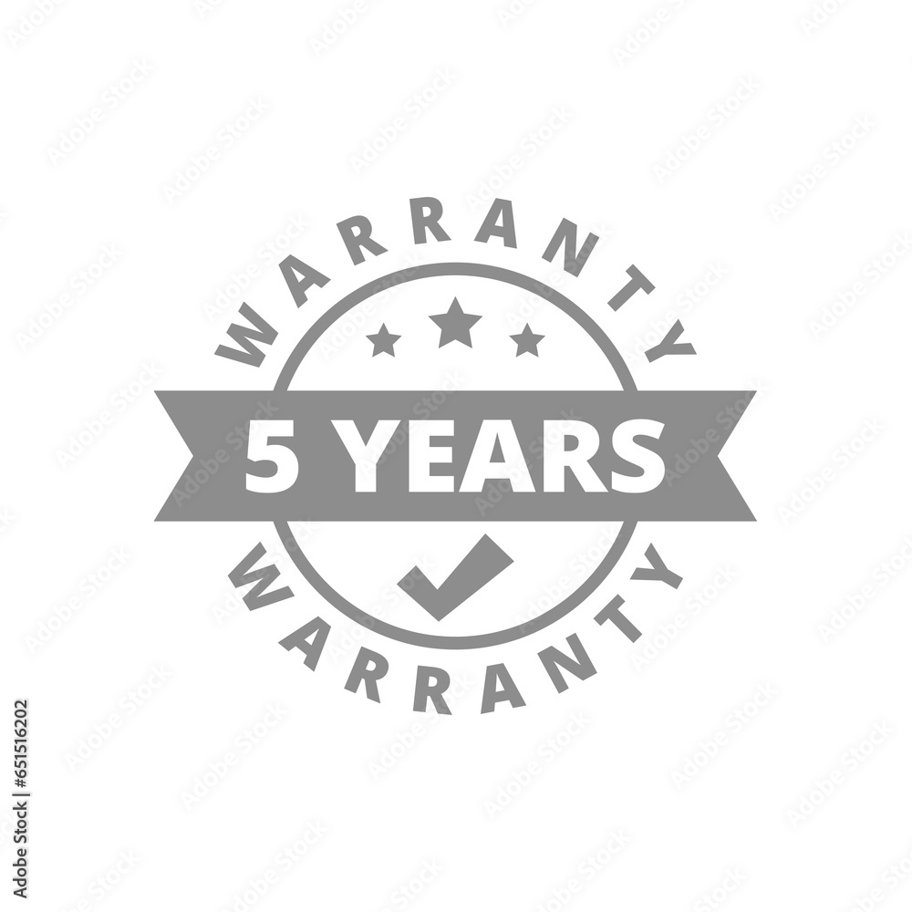 Five year warranty vector label. 5 years guarantee ribbon stamp.