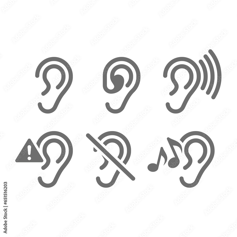 Ear and hearing aid vector icon set. Ears, deafness and listening symbol icons. Ear and hearing aid vector icon set. Ears, deafness and listening symbol icons.