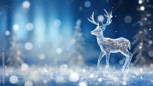 Christmas crystal shiny Reindeer with white snowflakes on blue bokeh winter glitter background. Xmas magic Reindeer background, greeting card, banner.