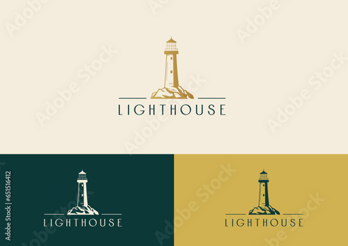 Golden lighthouse. Illustration, logo, symbol. 