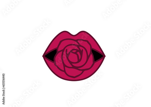 Illustration of a rose on the lips. Glamor. Scarlet colors.