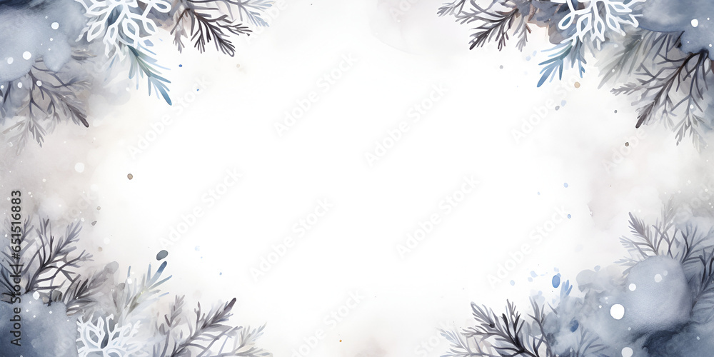 Grey watercolor snowflakes frame background with white copy space inside 