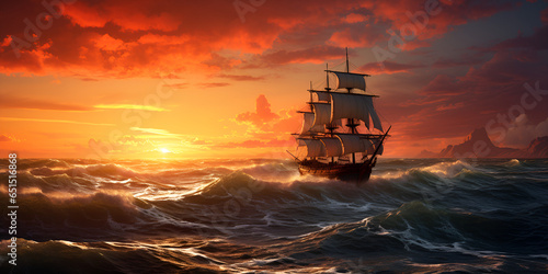 Beautiful ship sailing in the sea at sunset , Sunset Adventure: Pirate Ship and Lonely Island Ai Generative