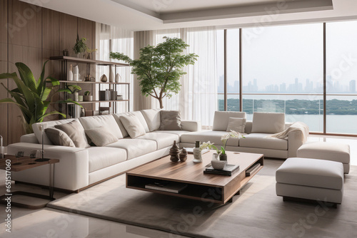 Interior of living room with green houseplants and sofas