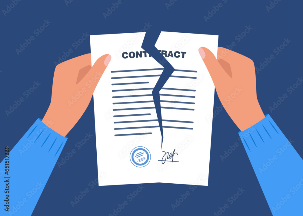 Hands tearing up the contract. Hands holding broken or torn contract. Crumpled sheets of paper. Deal termination concept. Partnership cancelation. Vector illustration. Hands tearing up the contract. Hands holding broken or torn contract. Crumpled sheets of paper. Deal termination concept. Partnership cancelation. Vector illustration.