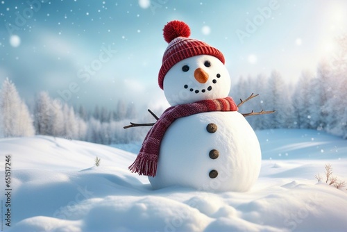 Snowman in stylish hat and Scalf on snowy field. Merry Christmas and happy New Year theme and Blue sky on background © Creatively