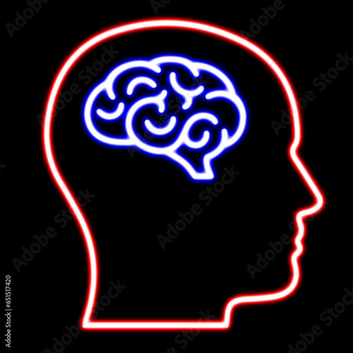 Human Brain In Man Silhouette Mind neon light sign vector. Glowing bright icon transparent symbol illustration