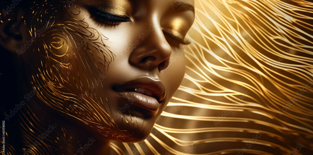 Women faces Golden illustration, horizontal copy space on golden background. Illustration  AI. - obrazy, fototapety, plakaty 